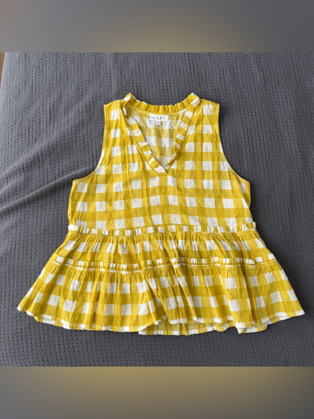 Anthropologie THML Checkered Tiered Ruffle Tank Top M Yelllow White Picnic Prepp